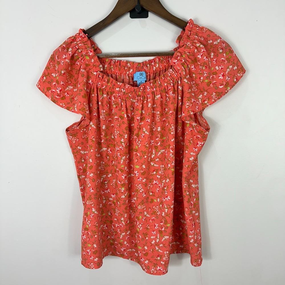 CeCe Top Womens M Pink Floral Blouse Ruffle Sleeve Boho‎ Romantic Cottagecore